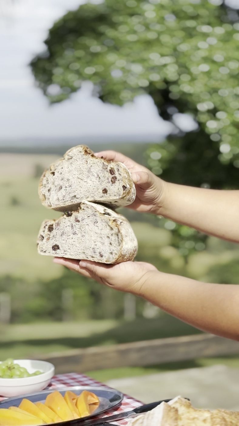 Pão de fermentação natural artesanal com a figueira e o vale da Serra do Itaqueri ao fundo — Recanto das Seriemas