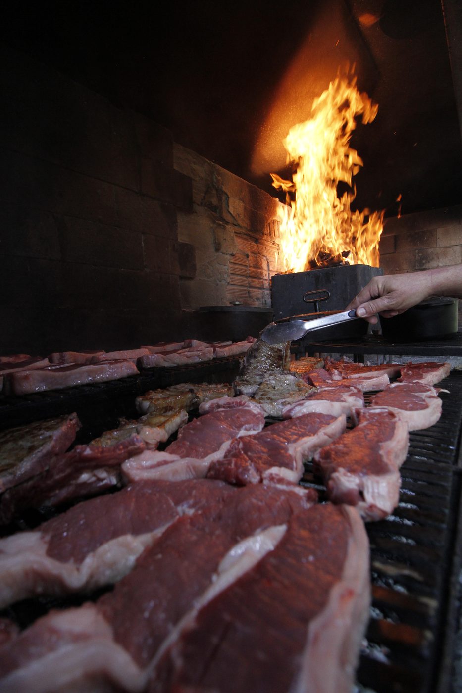 Cortes nobres na grelha da parrilla com chama ao fundo — Seriemas Parrilla